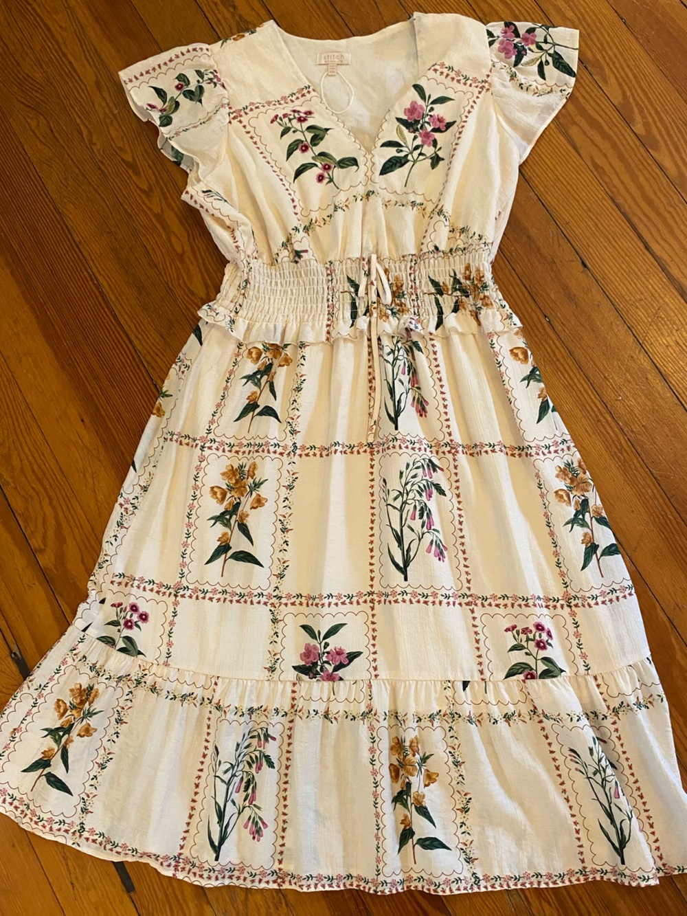 Floral Print Cream Midi Dress with Flutter Sleeves and Smocked Waist w bow